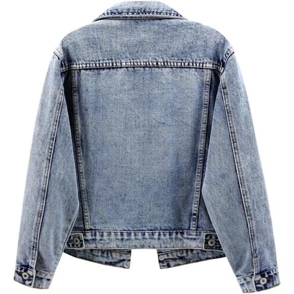 Women's Embroidered Rivet Pearl Short Denim Jacket Coat Snowflake Blue - Picture 2 of 5